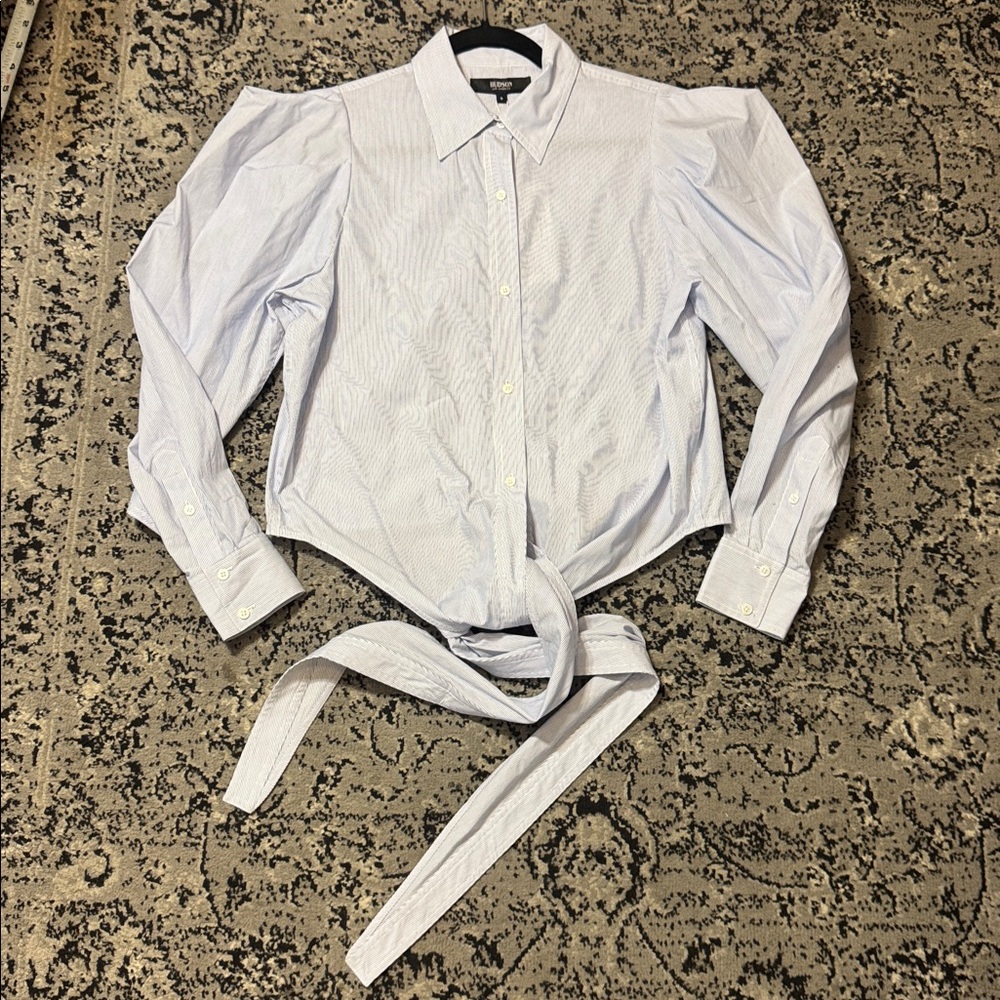 Pinstriped Button-Up tie front blouse
